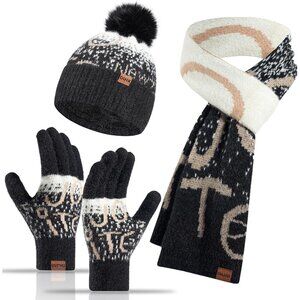 Women's Black White Skull Caps Knit Gloves Beanie Neck Scarves 3 Set Winter Warm